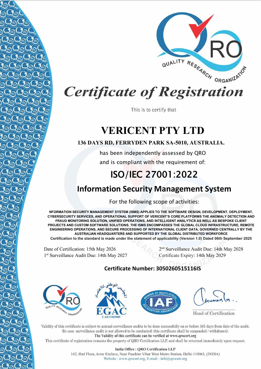 ISO/IEC 27001:2022 certificate for Vericent Pty Ltd