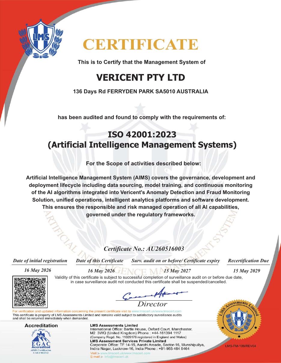 ISO 42001:2023 certificate for Vericent Pty Ltd