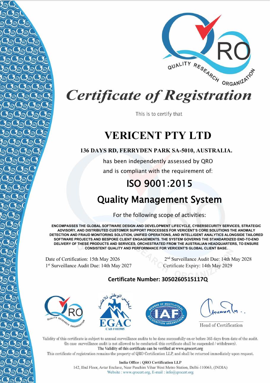 ISO 9001:2015 certificate for Vericent Pty Ltd